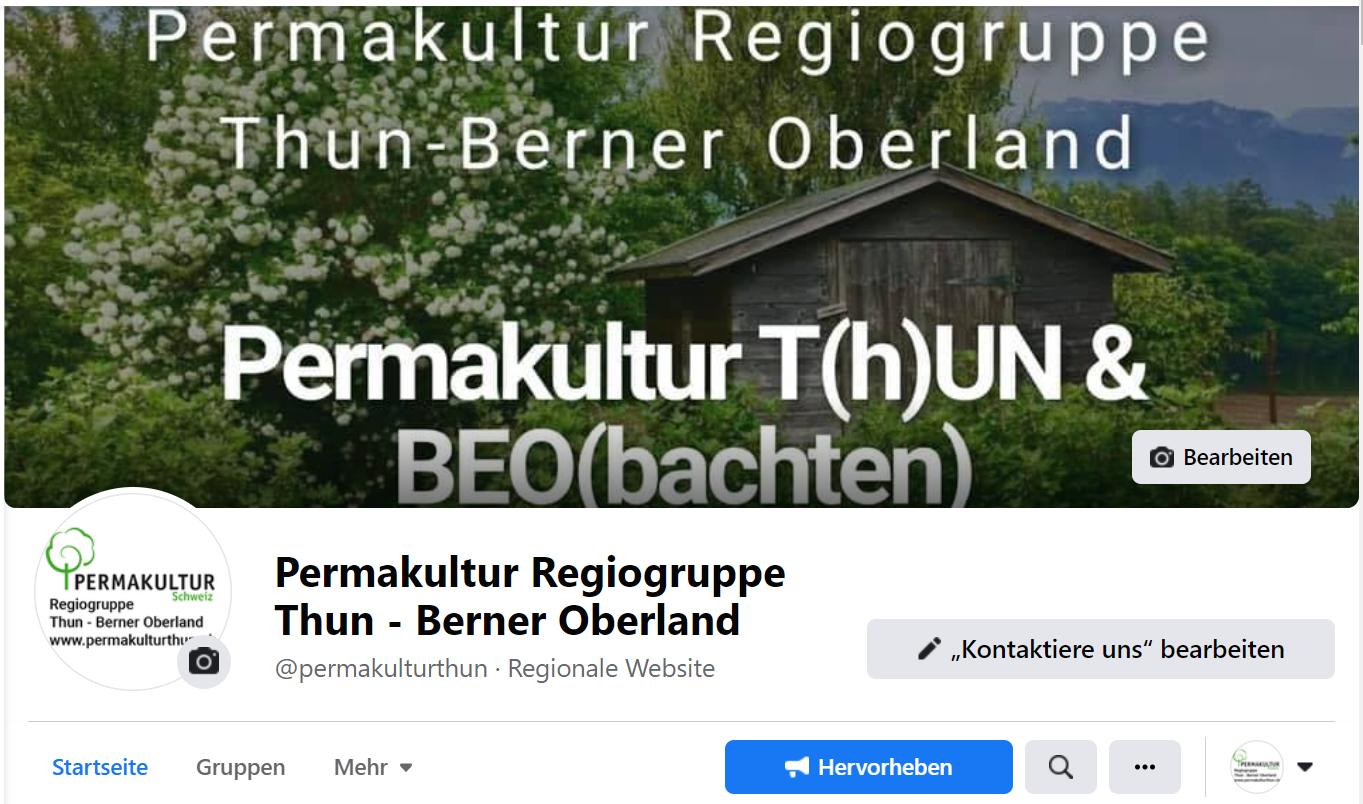 Screenshot der neu eingerichteten Facebook-Seite der Permakultur Regiogruppe Thun – Berner Oberland